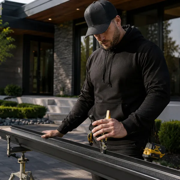 Installer carrying a new seamless aluminum gutter